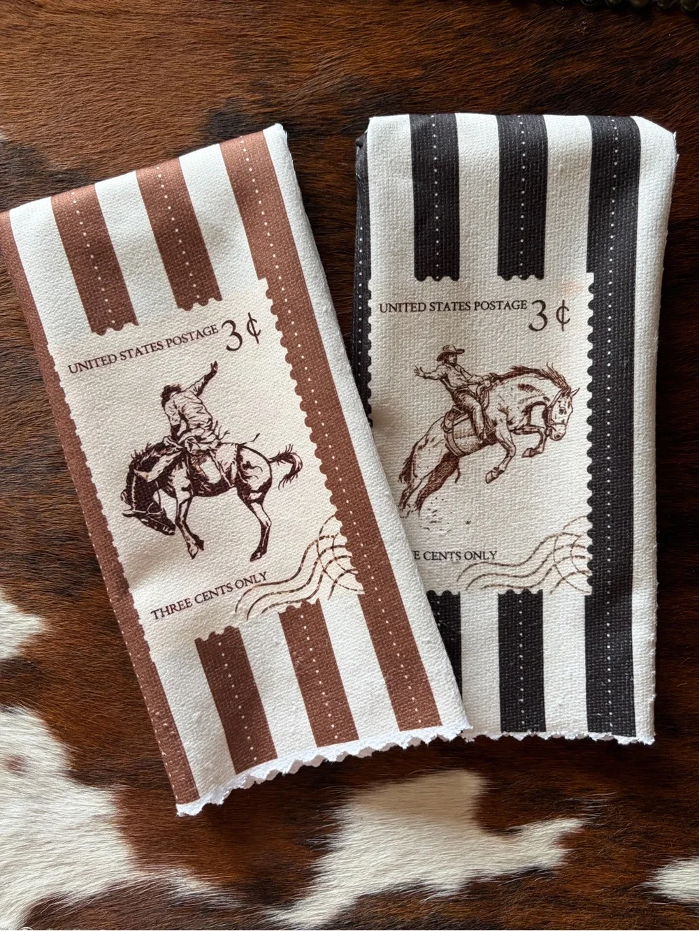 2 Western Cowboy Hand Towels Rodeo Bronc Kitchen Bath Rustic Vintage Stamp NEW